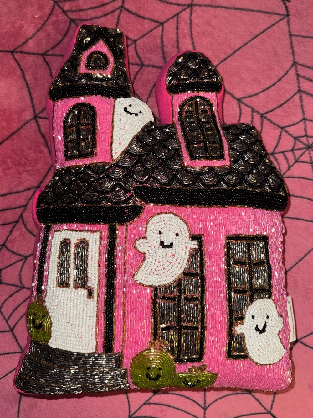 Cupcakes And Cashmere Pink Haunted House Beaded Pillow